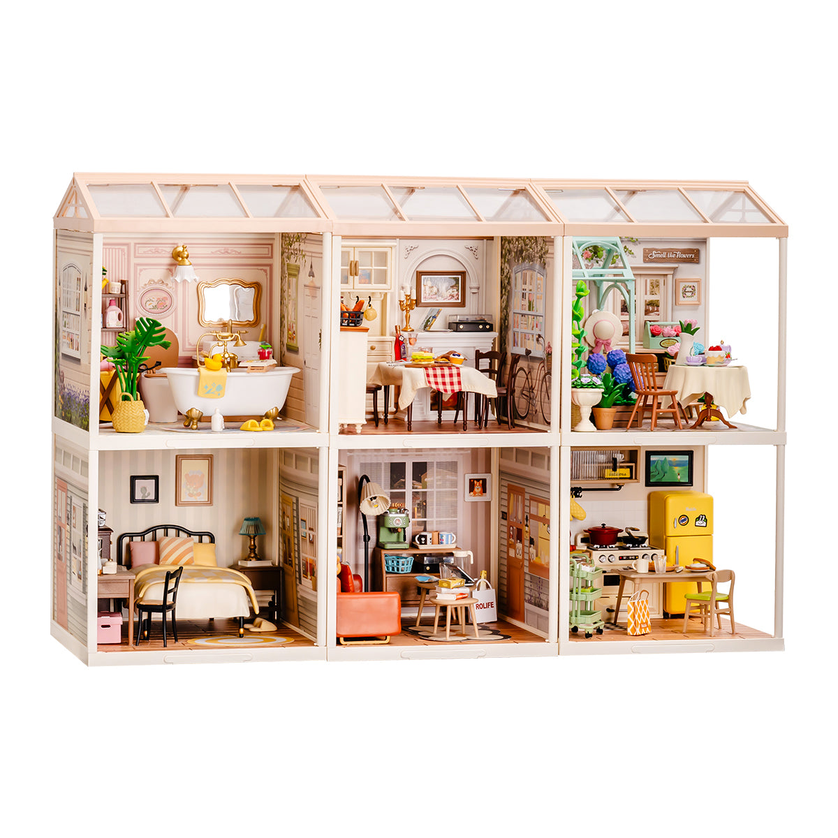 Rolife Super Creator 6 in 1 Six Grid DIY miniature dollhouse kit, front view on a neutral background