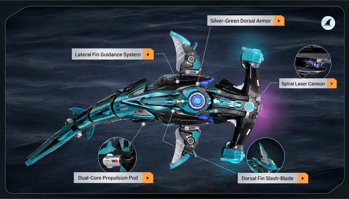 ROKR Hammerhead Shark mecha model exploded diagram highlighting lateral fins, propulsion, and laser cannon.