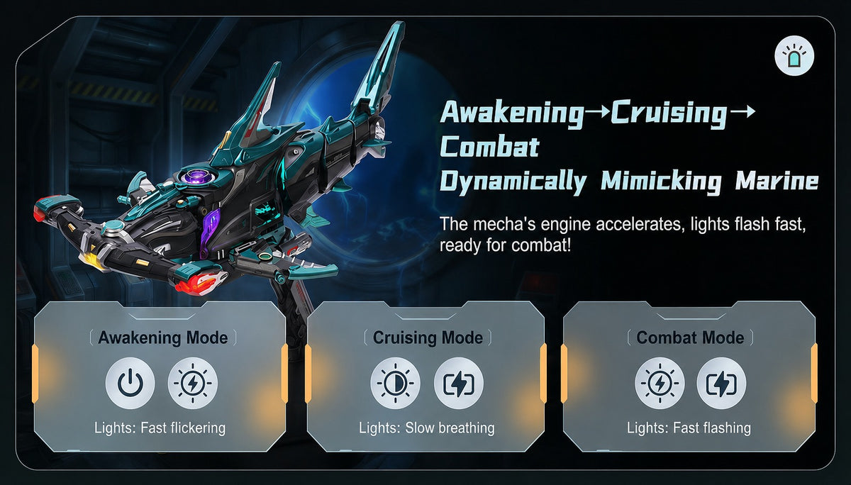 ROKR Hammerhead Shark MI07 three-mode lighting infographic showing awakening, cruising, and combat modes.