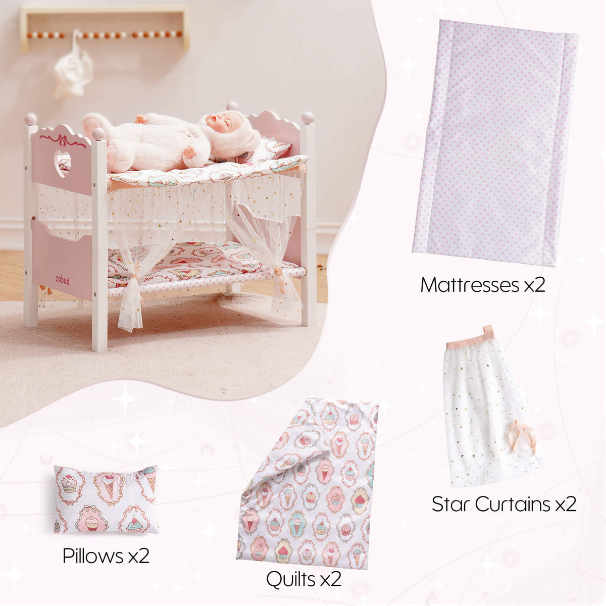 ROBUD pink doll bunk bed shown with accessories including two mattresses, two pillows, two quilts, and two star curtains, with a doll resting on top