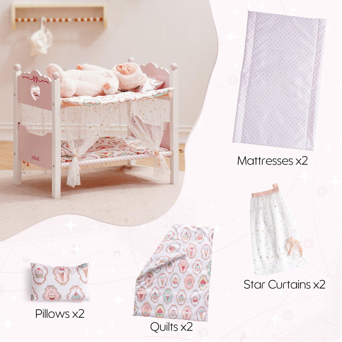 ROBUD doll bunk bed accessories laid out: two floral mattresses, two quilts, two pillows, and two sheer star curtain panels.