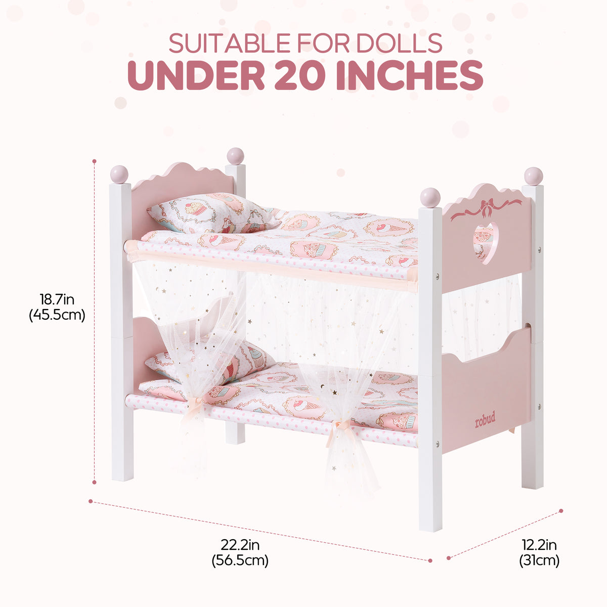 ROBUD white wooden doll bunk bed with pink heart accents, 22.2 in wide and 18.7 in tall, fits dolls under 20 inches.