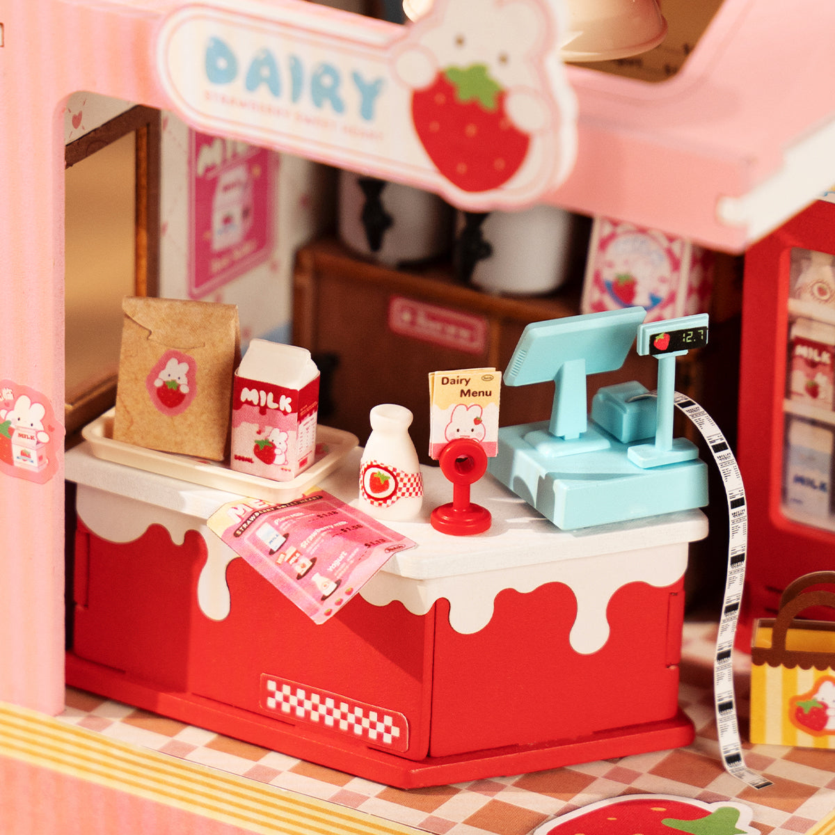 Rolife Food Box Shop DIY book nook miniature kit, side profile detail shot