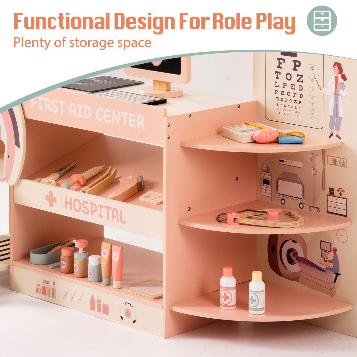 ROBUD doctor activity center with corner storage shelves holding medical tools, labeled First Aid Center and Hospital in pink and cream wood