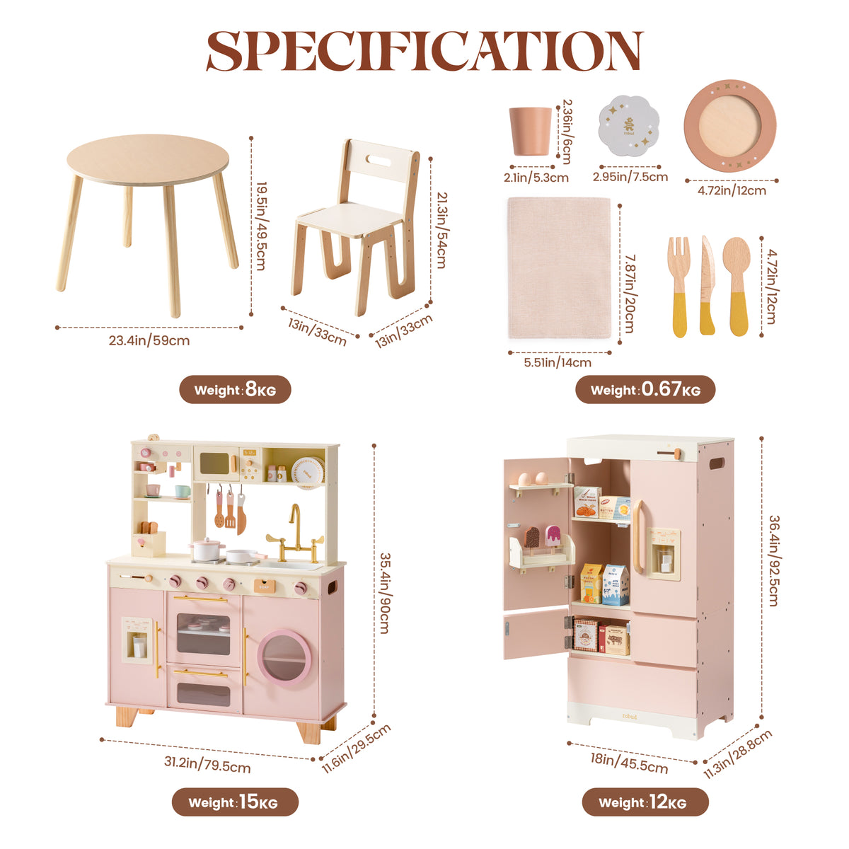 Specification chart for the ROBUD Glowwood Kitchen House set showing dimensions and weights of table, chairs, kitchen, and fridge.