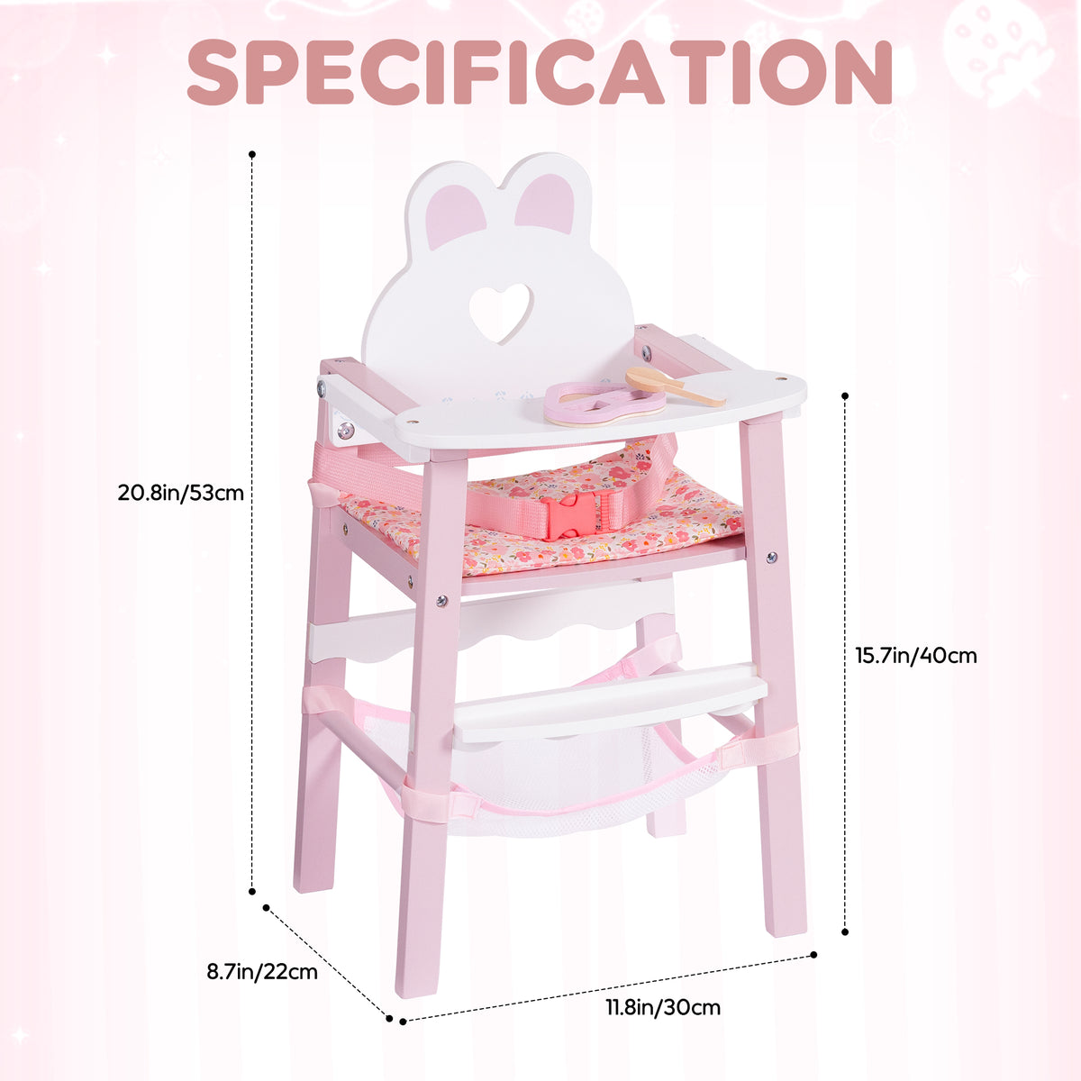 ROBUD pink doll high chair specification diagram showing 20.8 in height, 11.8 in width, with bunny backrest and food tray.