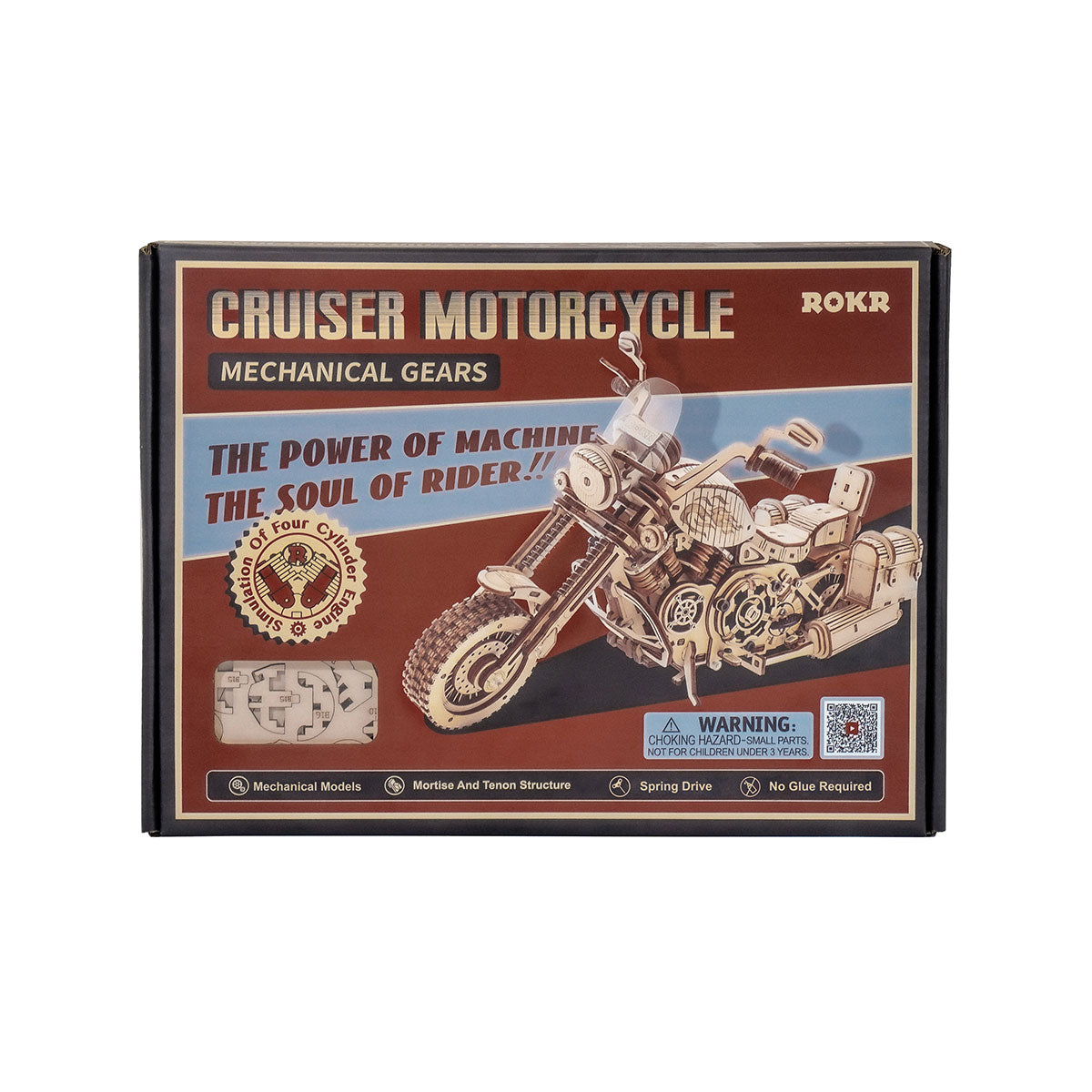 ROKR Cruiser Motorcycle Mechanical Gears retail box showing front cover and back specification panel