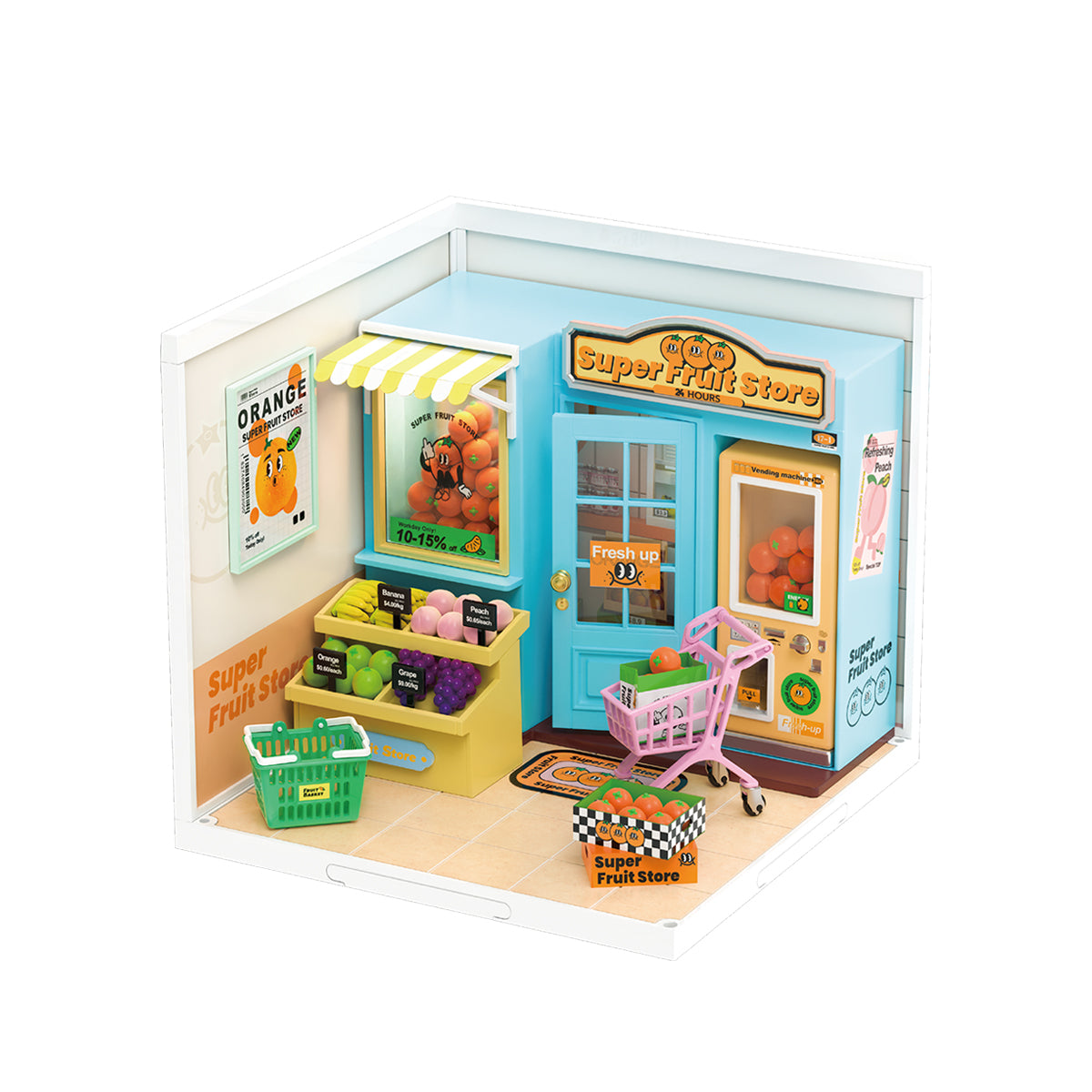 Rolife Super Creator miniature fruit market shop with bright yellow and blue storefront, shopping cart, and green produce baskets