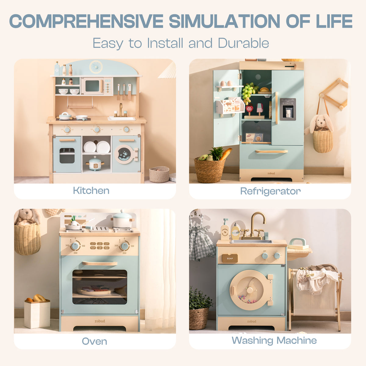 Robud green kitchen collection comprehensive simulation panel showing kitchen, fridge, oven and washing machine