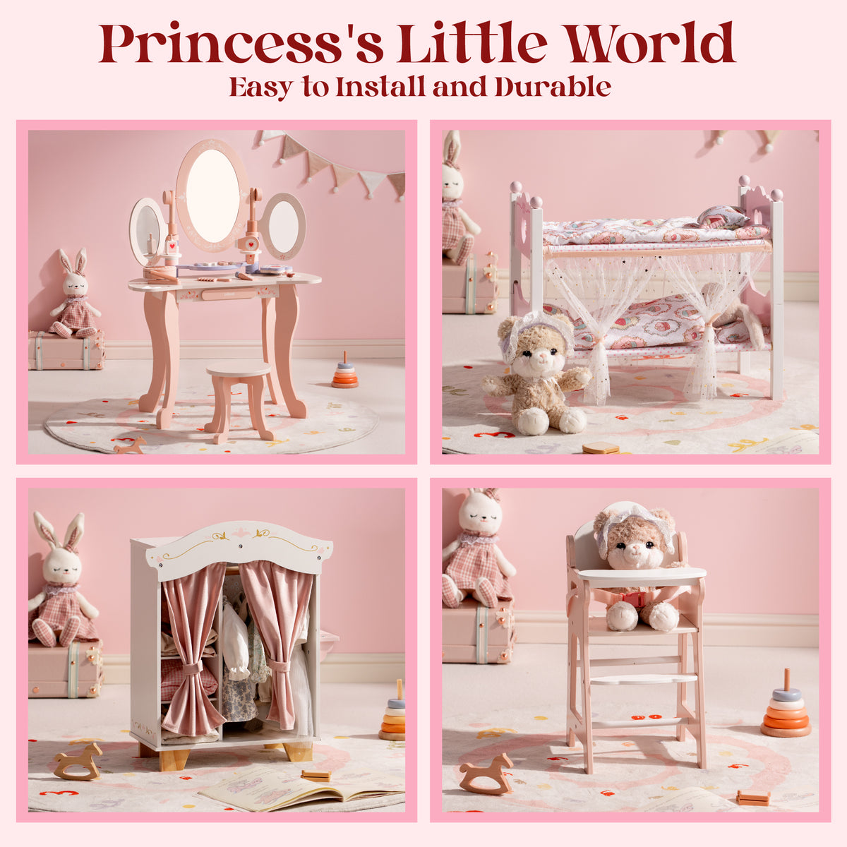 ROBUD Princess series four-panel montage showing kids vanity, doll bunk bed, wooden wardrobe, and pink doll high chair.