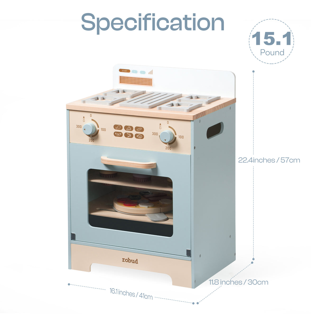 Robud mint blue play oven specification panel showing 15.1 lb weight and overall dimensions