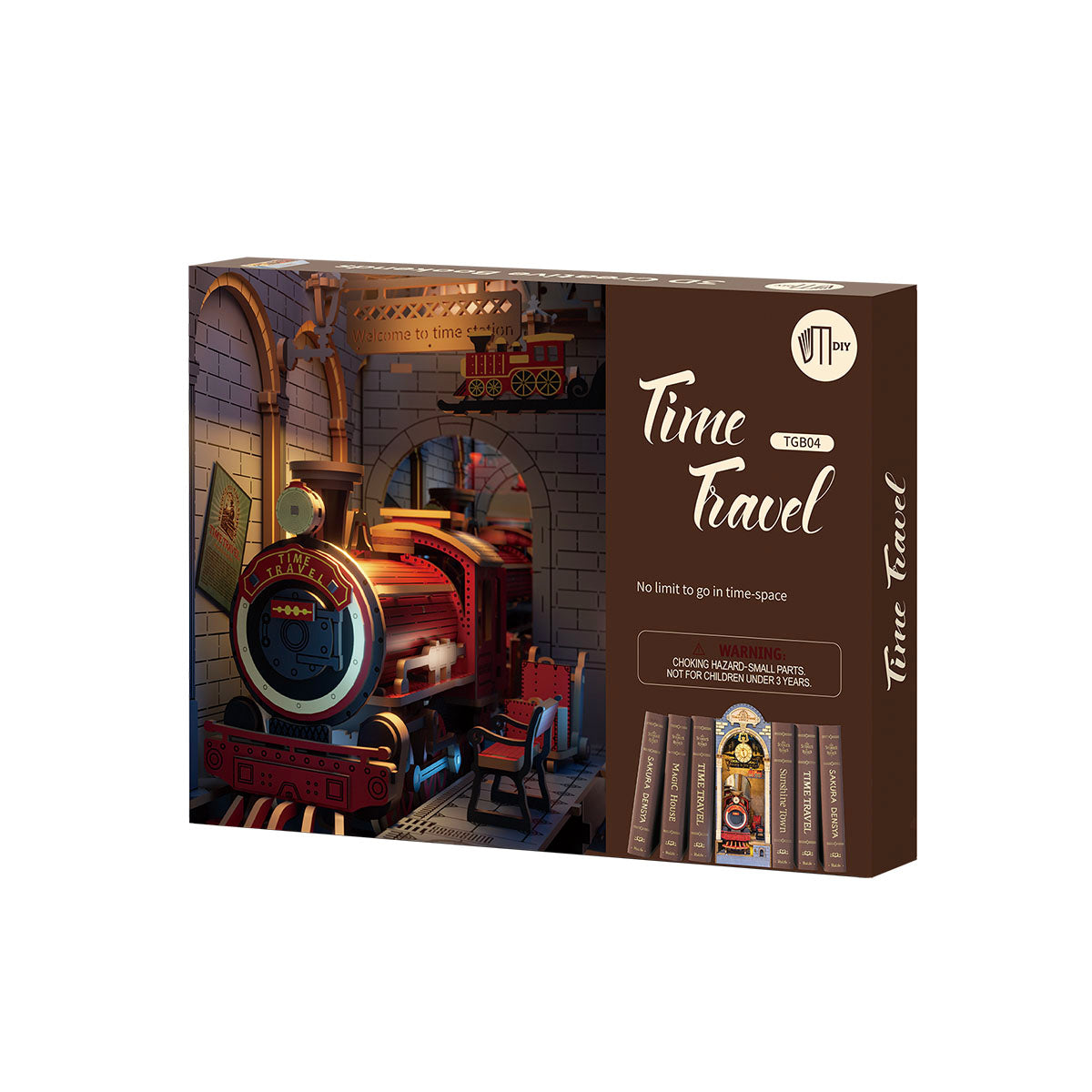 Rolife Time Travel DIY book nook retail packaging box in deep brown theme with assembled product preview