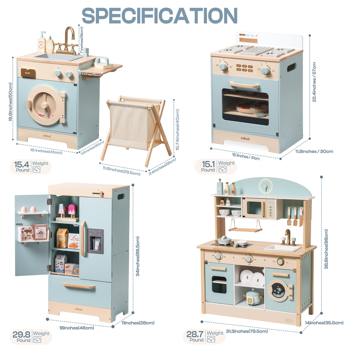 Robud green kitchen playset specification diagram showing individual pieces with dimensions and labels