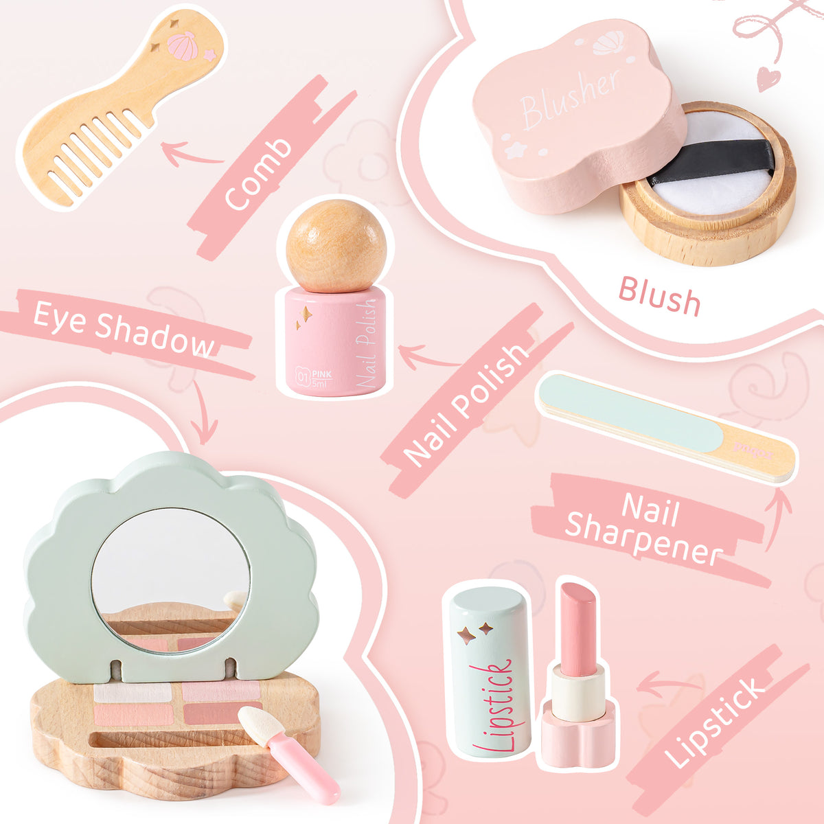 Flat lay of ROBUD wooden vanity accessories: comb, eye shadow, blush compact, nail polish, nail file, and lipstick.