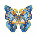 Rowood colorful wooden blue butterfly puzzle with orange floral wing details on a white background