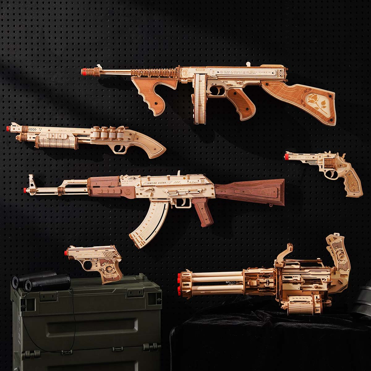 ROKR Rotating-Barrel Machine Toy Gun 3D Wooden Puzzle LQA01, mechanical wooden toy gun 3D puzzle, angle product view