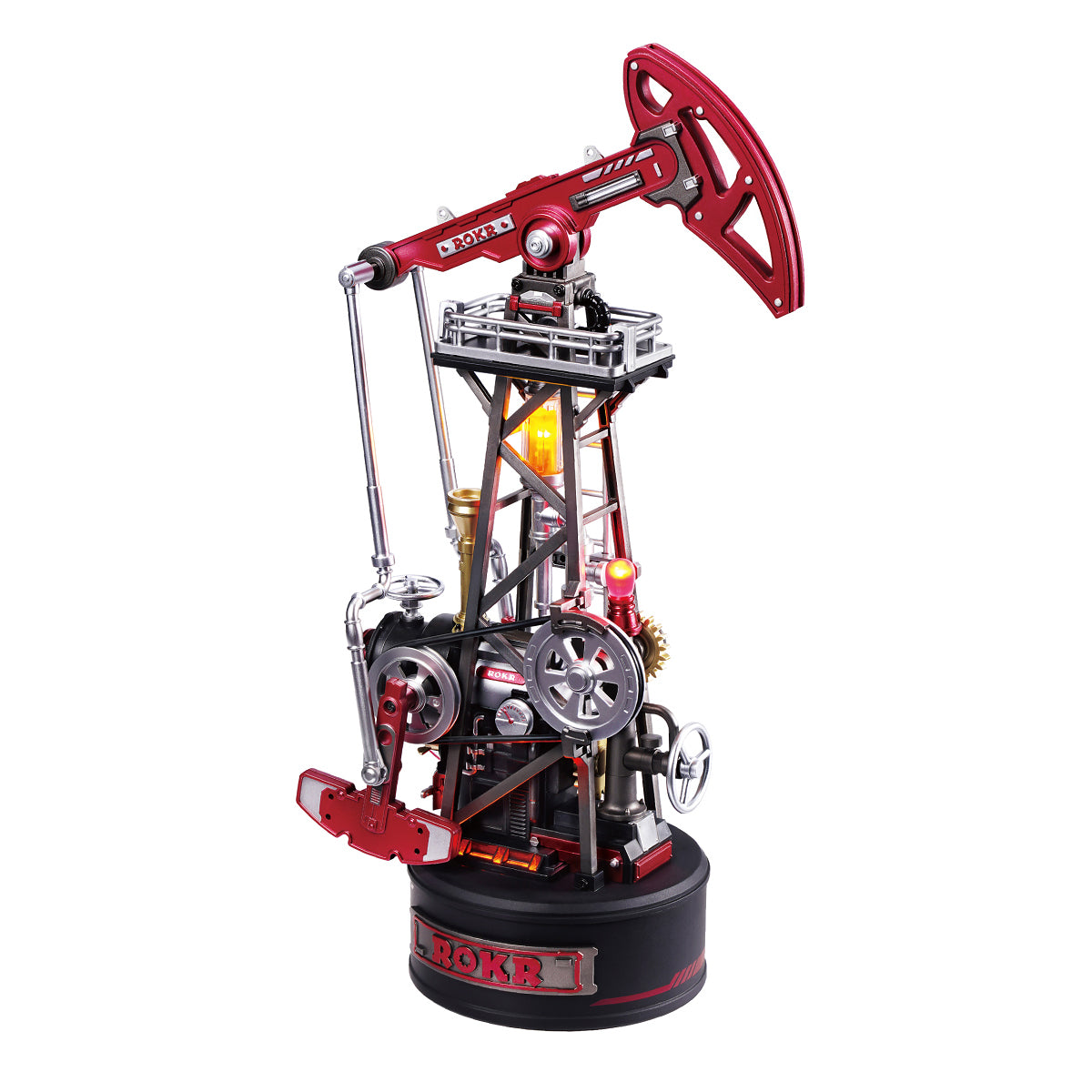 ROKR Oil Pump Jack Mechanical 3D Puzzle CGL03 3D wooden puzzle model, product front view on neutral background