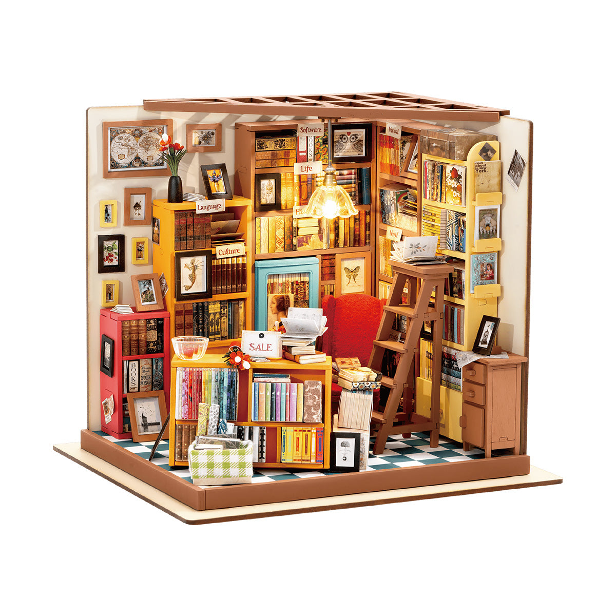 Rolife Sam's Study Library DIY Miniature House Kit DG102 packaging showing front and back of the brown craft box with product specs and assembled preview image