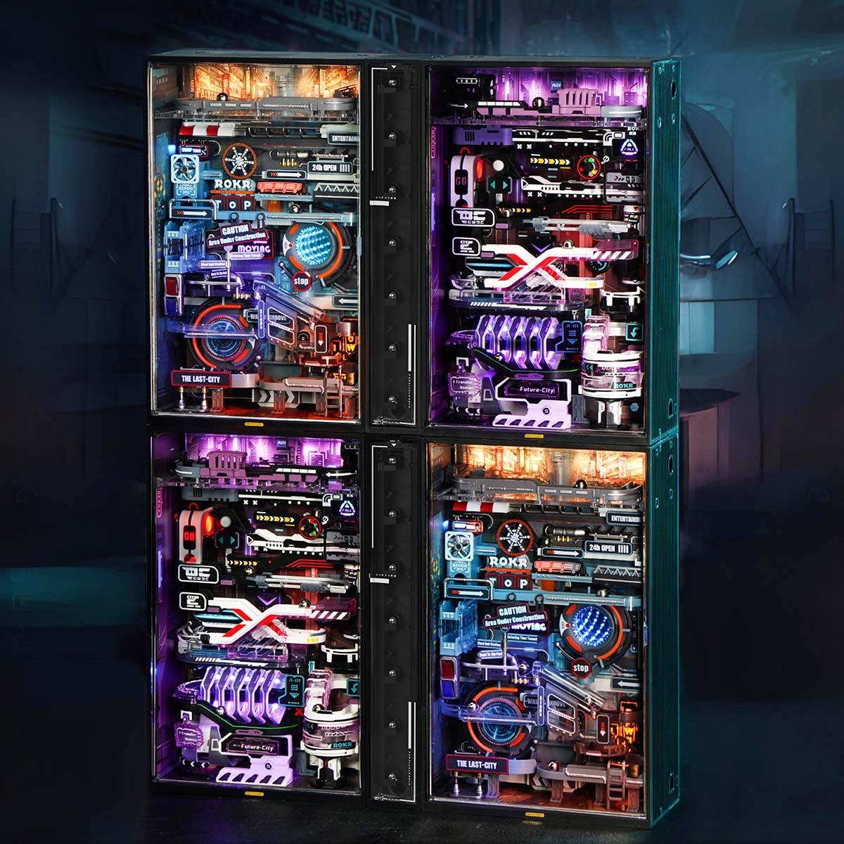 ROKR Parallel World marble run display stacks four glowing cabinets in a dark setting.