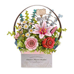 Rowood Dahlia Flower Basket wooden DIY puzzle bouquet with pink roses, lily and daisy blooms in a rectangular planter box