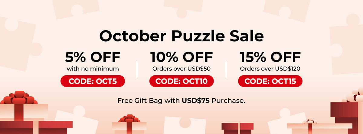 October Puzzle Sale graphic with discount codes and red gift boxes on a pale pink background.
