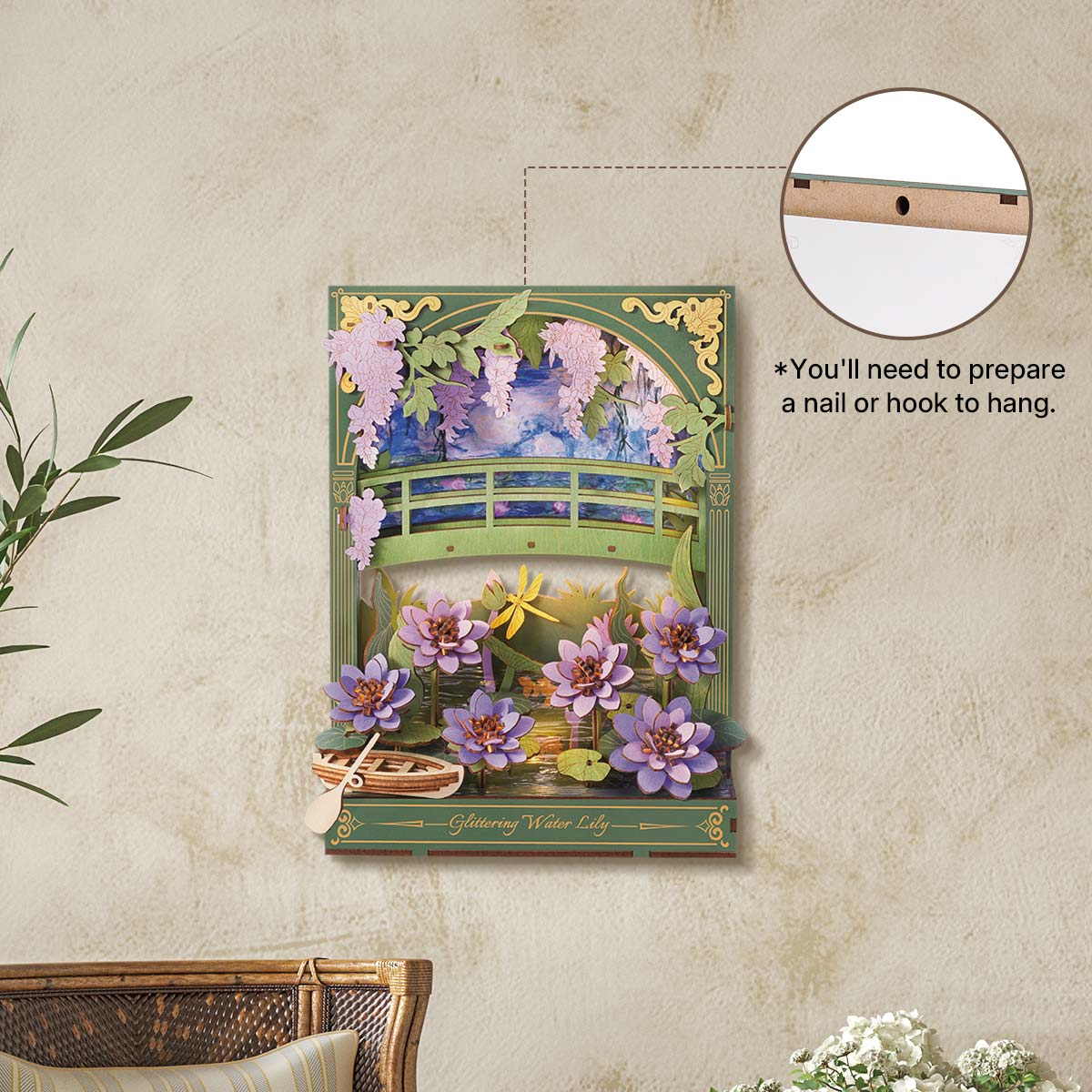 Rowood Glittering Water Lily Wall Art 3D Wooden Puzzle TH001, 3D wooden wall art puzzle, close-up detail