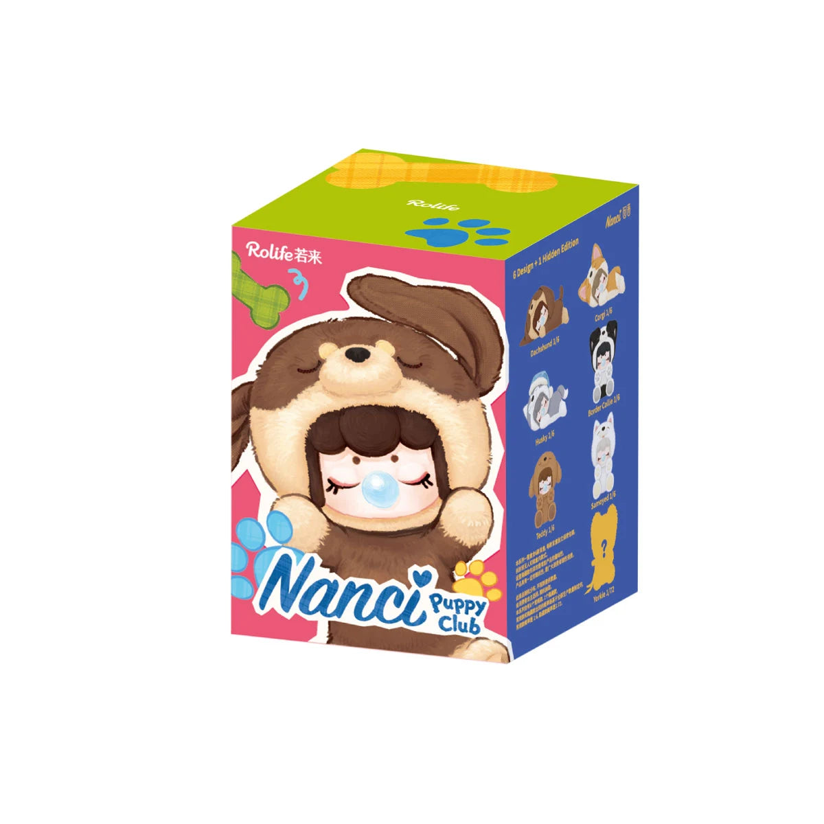 Rolife Nanci Puppy Club blind box packaging showing a brown puppy-hooded figure blowing a blue bubble, with dog breed illustrations and text '6 Design + 1 Hidden Edition'.