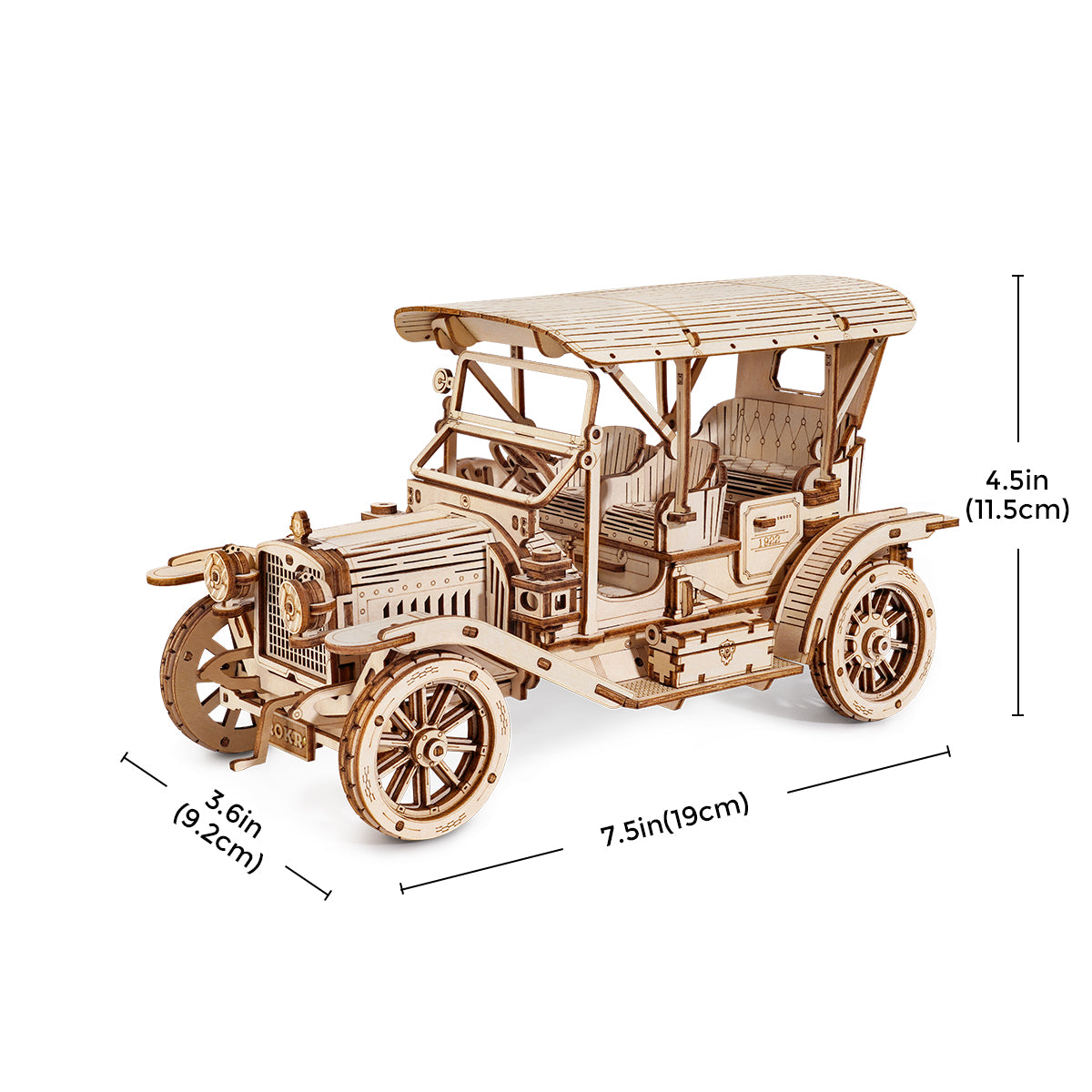 ROKR vintage car 3D wooden puzzle assembled model with dimension labels showing 7.5 by 3.6 by 4.5 inches