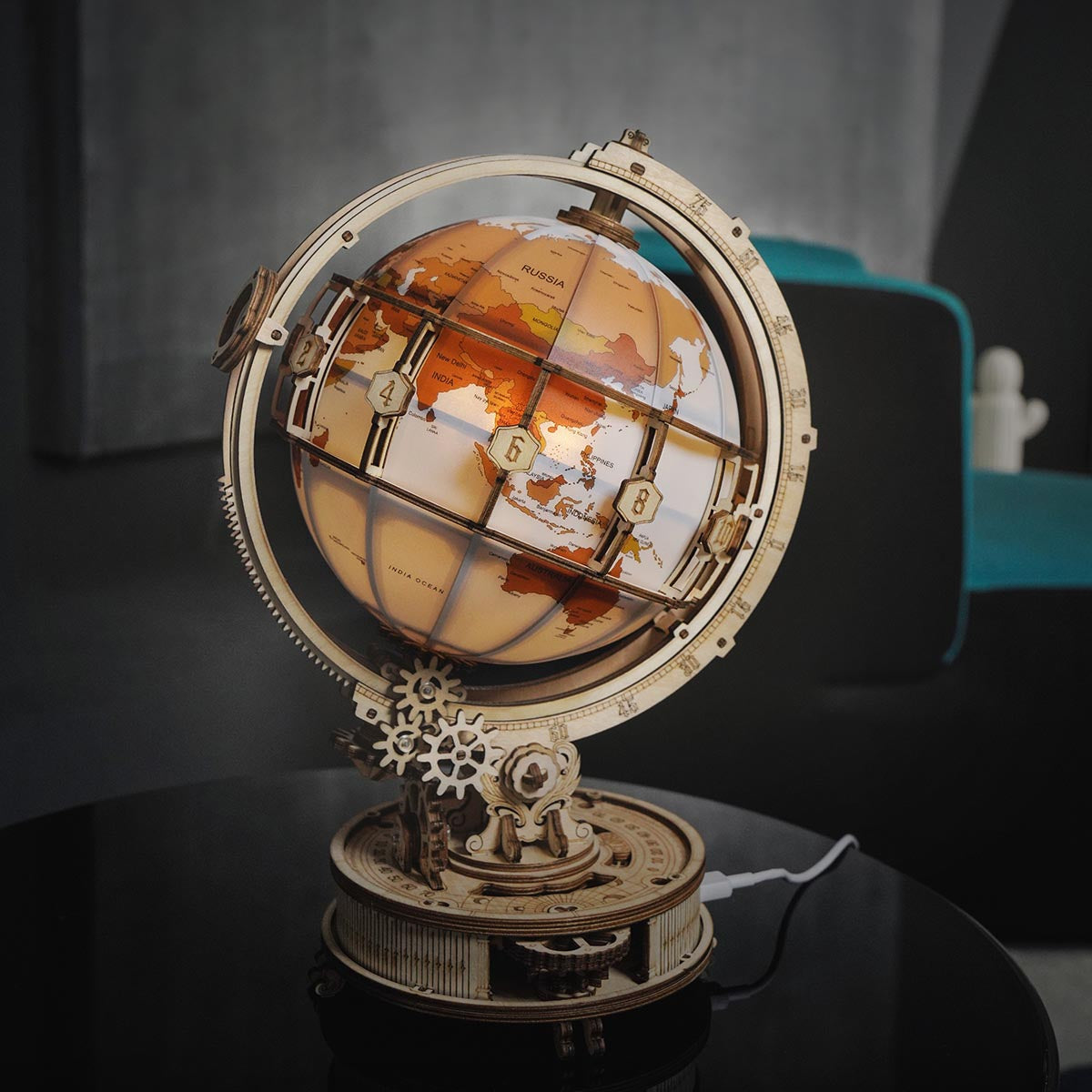 ROKR, Luminous Globe, ST003, 3D wooden globe puzzle, styled with accessories