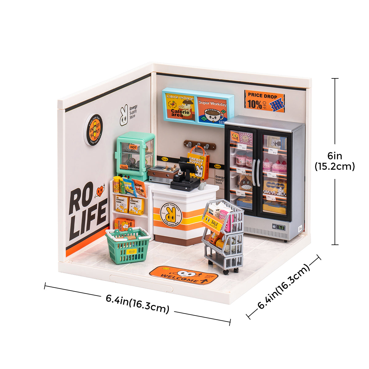 Rolife Super Creator Energy Supply Store DW002 DIY book nook miniature kit, close-up of intricate laser-cut parts