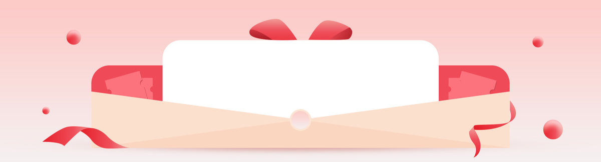 Robotime Online loyalty program banner showing a gift envelope with red bow and discount coupons on a soft pink background.