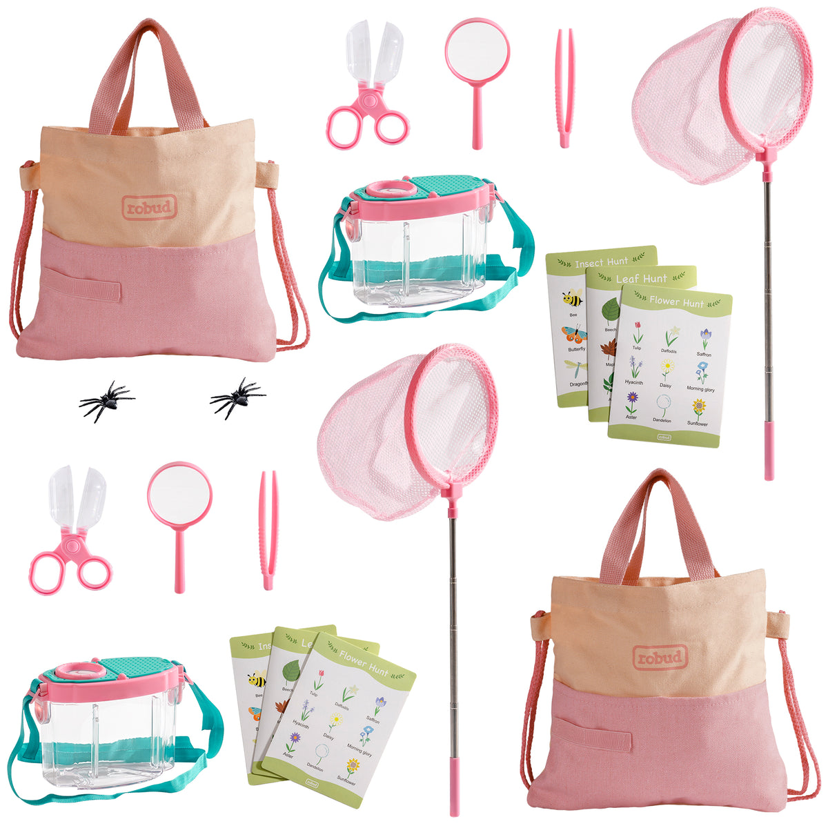 ROBUD dual kids outdoor explorer kit pink and green full set flat-lay showing two carry bags, nets, clamps, bug containers, guide cards, and tweezers