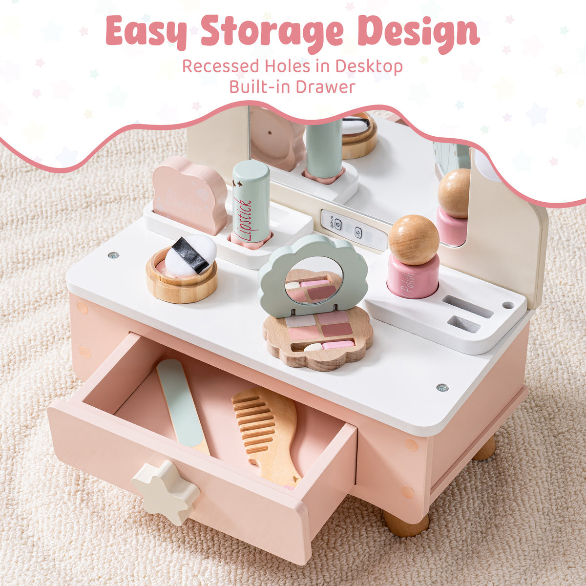 ROBUD pink wooden vanity with open storage drawer and recessed desktop holes for easy play accessory organization.