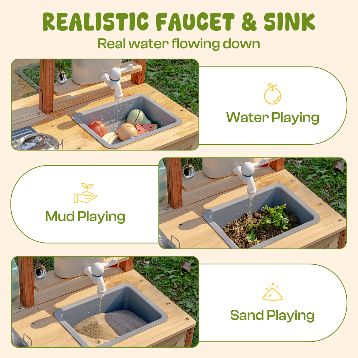 ROBUD outdoor mud kitchen realistic faucet and sink diagram showing water, mud and sand play modes with flowing water from a tap into a grey basin