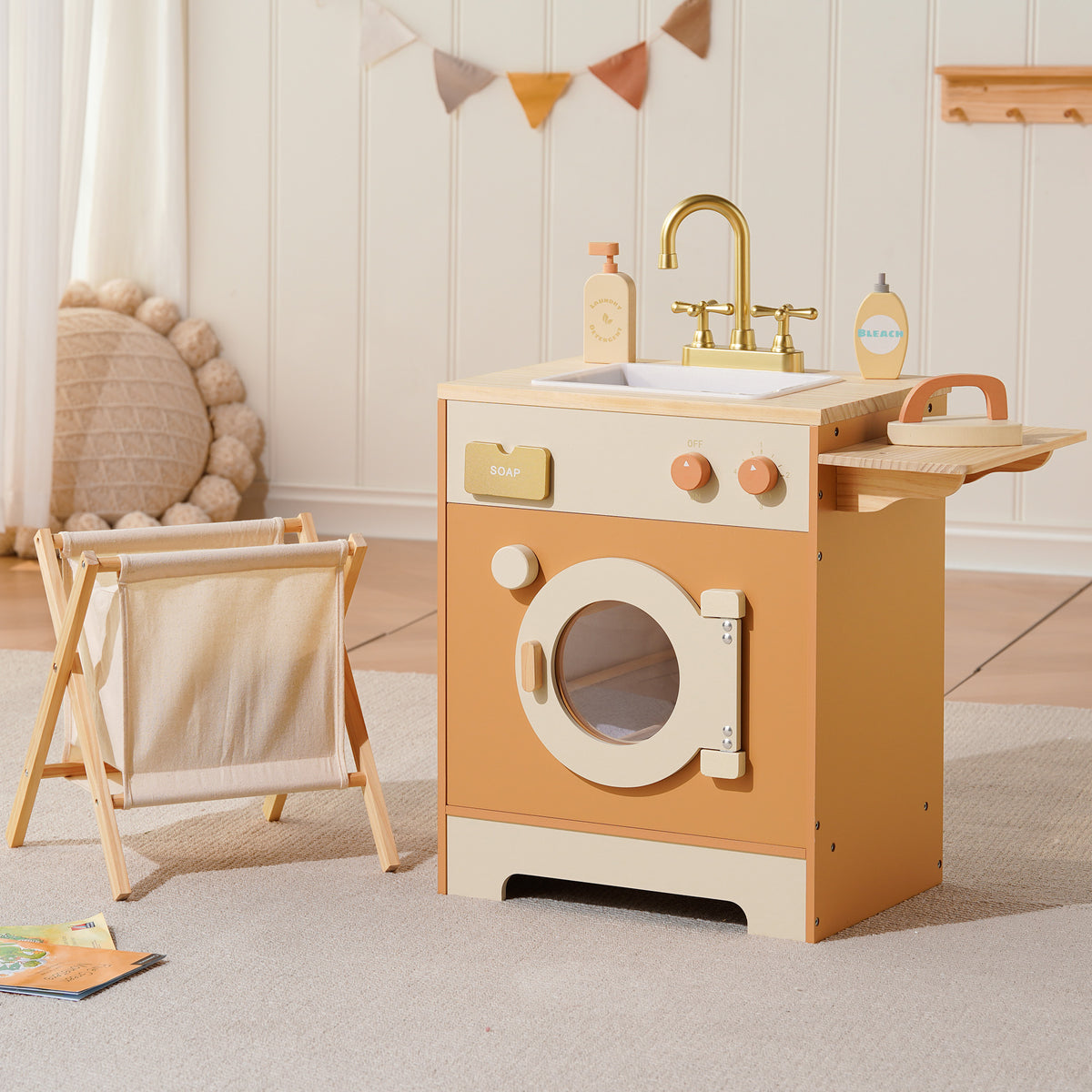 ROBUD Wooden Kids Kitchen Caramel full set room view showing kitchen station, refrigerator and dishwasher in matching warm wood tones