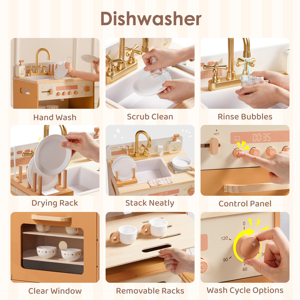 ROBUD Caramel Kids Kitchen Dishwasher panel showing hand wash, scrub, rinse, drying rack, stack, clear window and removable racks