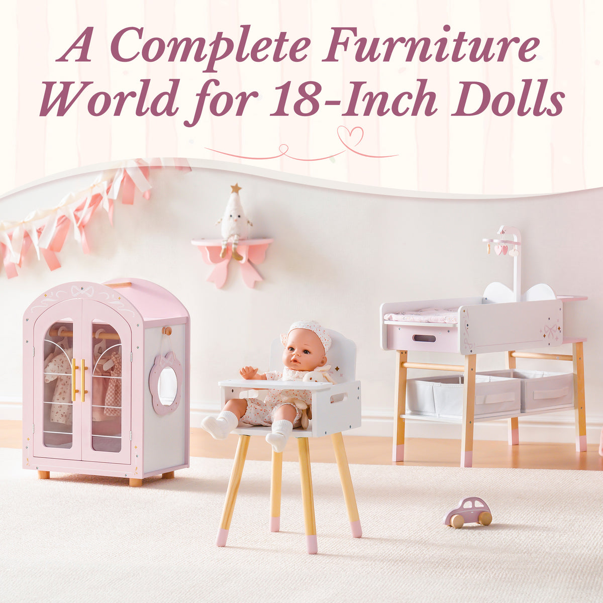 Complete ROBUD wooden furniture world for 18-inch dolls showing wardrobe, high chair, and changing table in a pastel pink nursery.