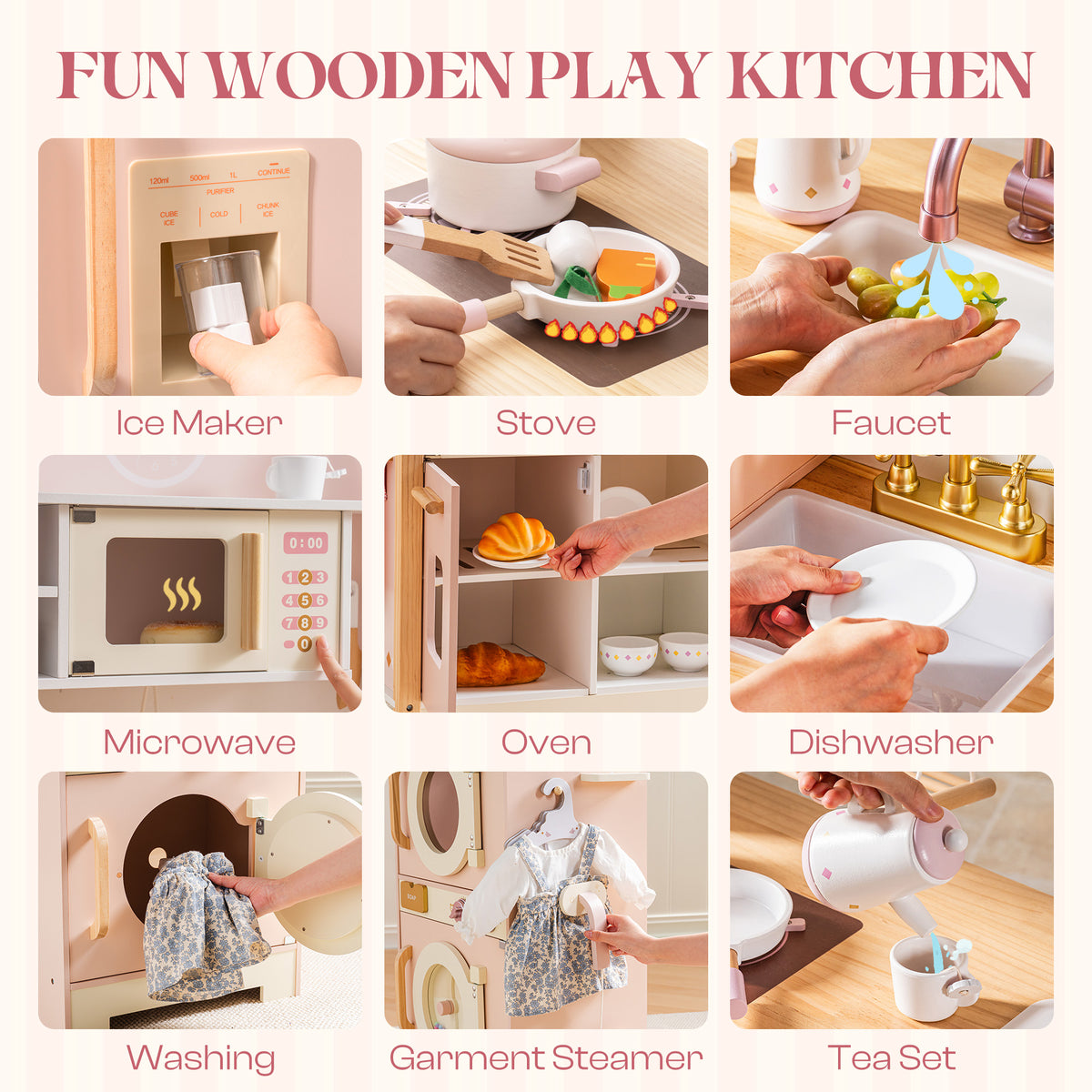 ROBUD Pink Wooden Kitchen PlaySet fun kitchen feature grid showing ice maker, stove, faucet, microwave and dishwasher