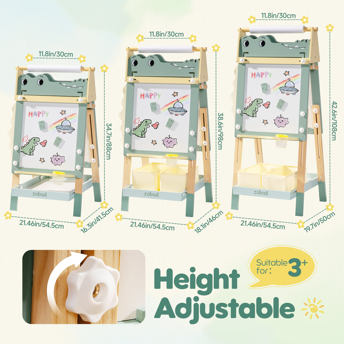 ROBUD Wooden Adjustable Crocodile Easel height adjustment diagram showing three sizes from 70 to 100 cm with dimensions