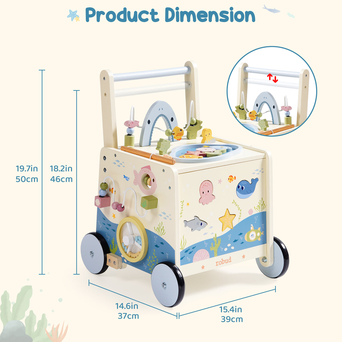 ROBUD Wooden Baby Push Walker Underwater World product dimensions diagram showing 19.7 inch height and 15.4 inch width measurements