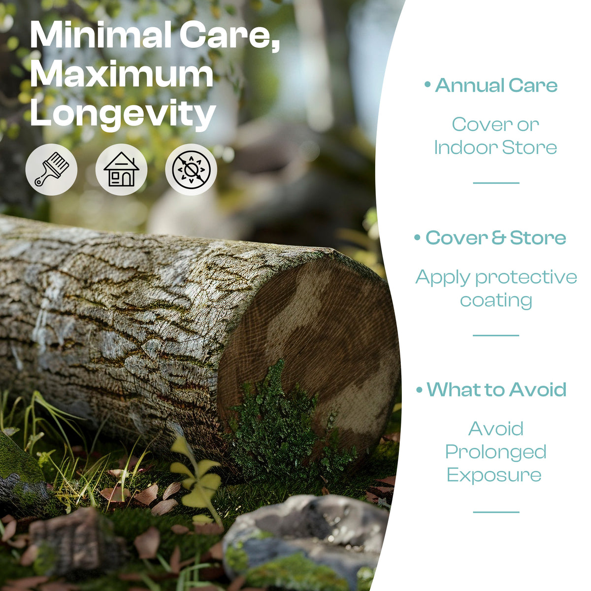 ROBUD Outdoor Mud Kitchen with Accessories minimal care longevity infographic with natural wood texture and care bullet point list on dark background