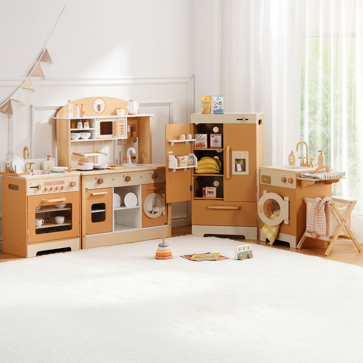 ROBUD Caramel Kids Kitchen Playset Series hero lifestyle showing full kitchen, washer, fridge and dishwasher in bright playroom