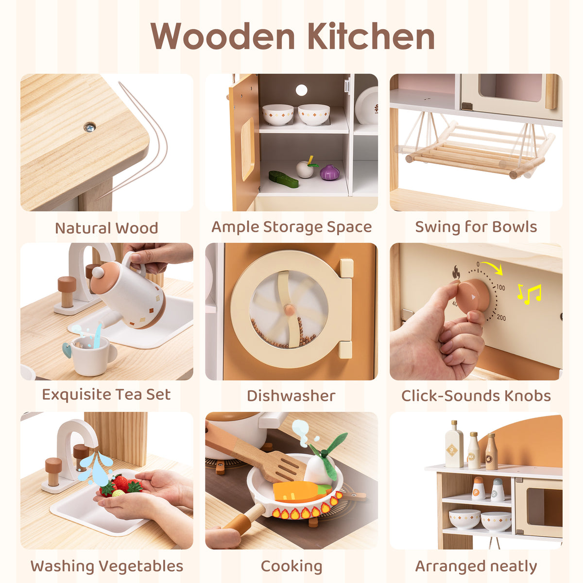 ROBUD Caramel Wooden Kitchen feature card showing natural wood, ample storage, swing bowls, tea set, dishwasher and cooking functions