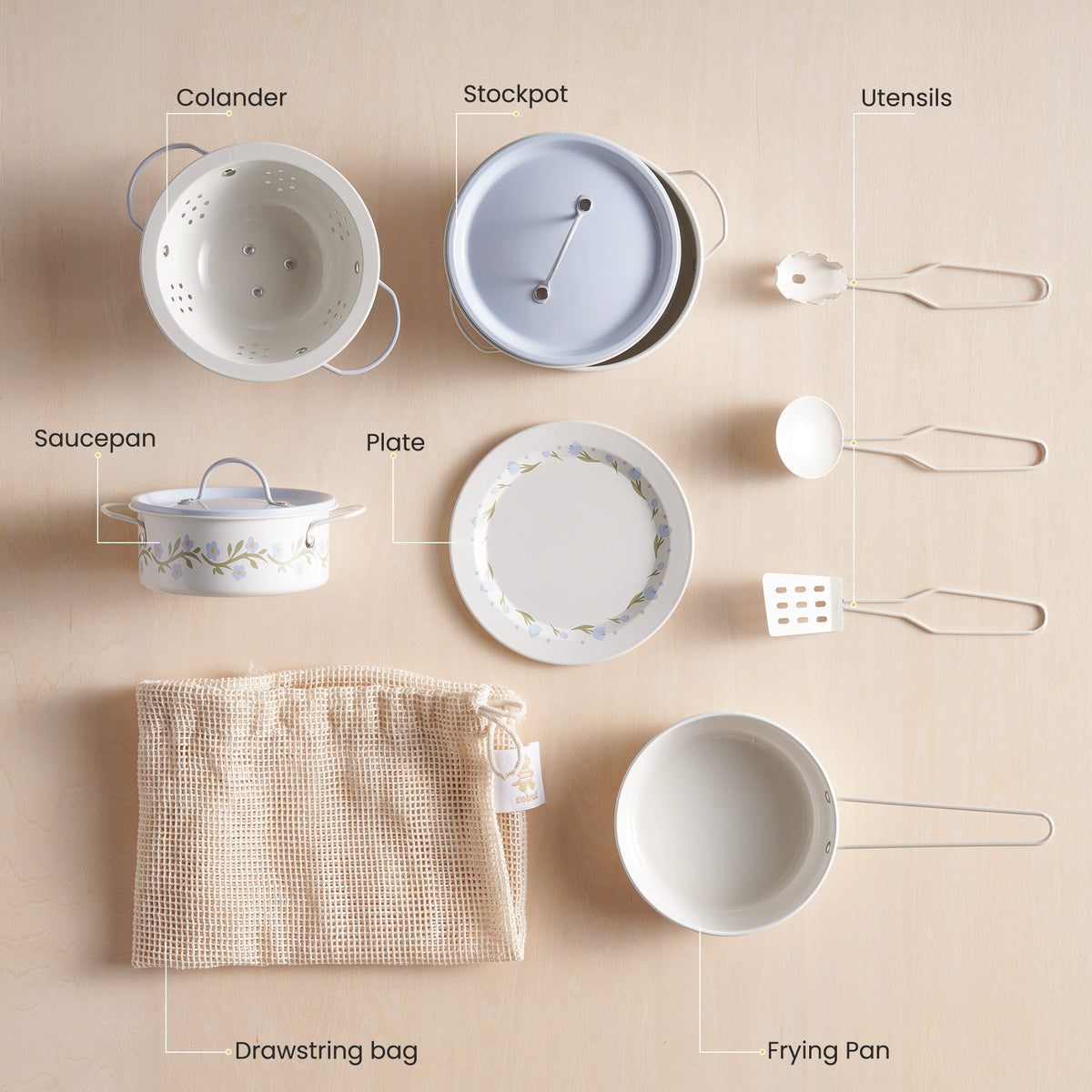 ROBUD Tinplate Pretend Cooking Utensils cream and yellow series product flat lay showing colander, stockpot, saucepan, plate, frying pan and muslin bag