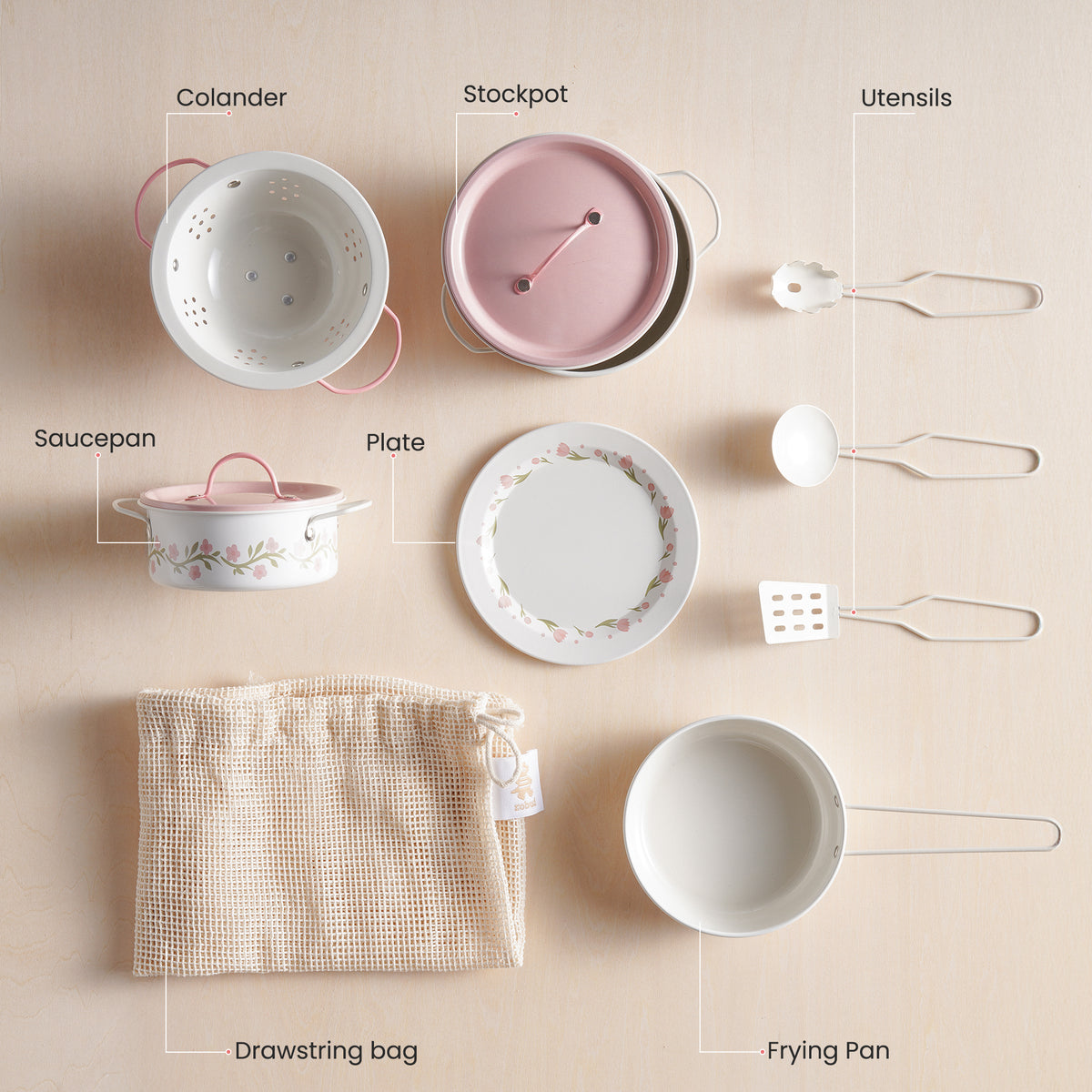 ROBUD Tinplate Pretend Cooking Utensils cream series flat lay labeled diagram showing colander, stockpot, saucepan, plate, frying pan and utensils
