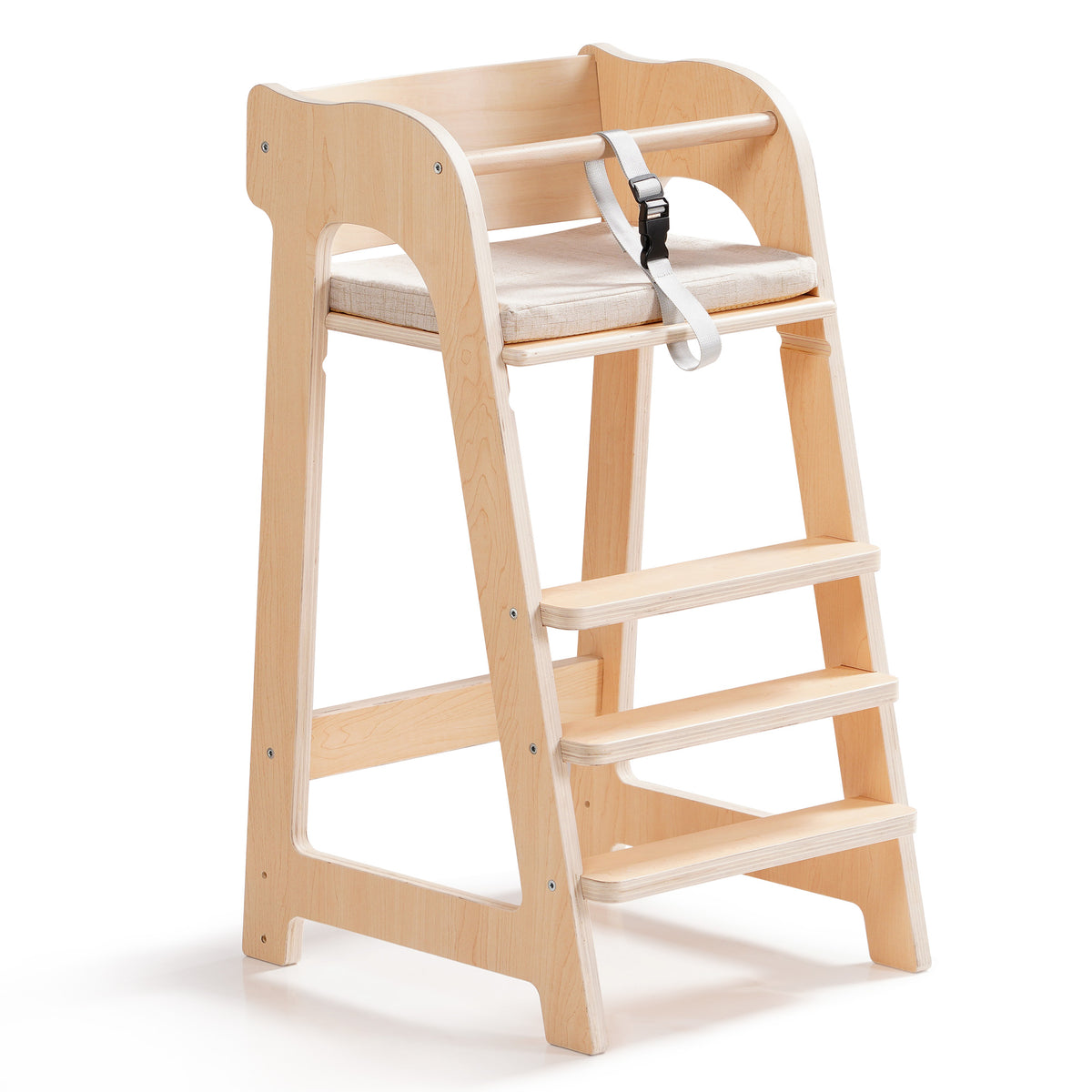 ROBUD natural wood multifunctional high chair shown from the front with harness attached and ladder-style footrest.