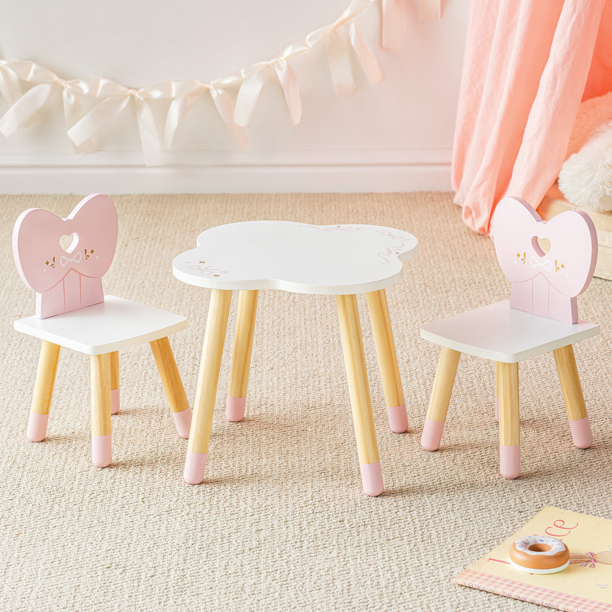 ROBUD pink and white flower-table and heart-chair doll furniture set displayed on a cream rug with soft pink canopy backdrop