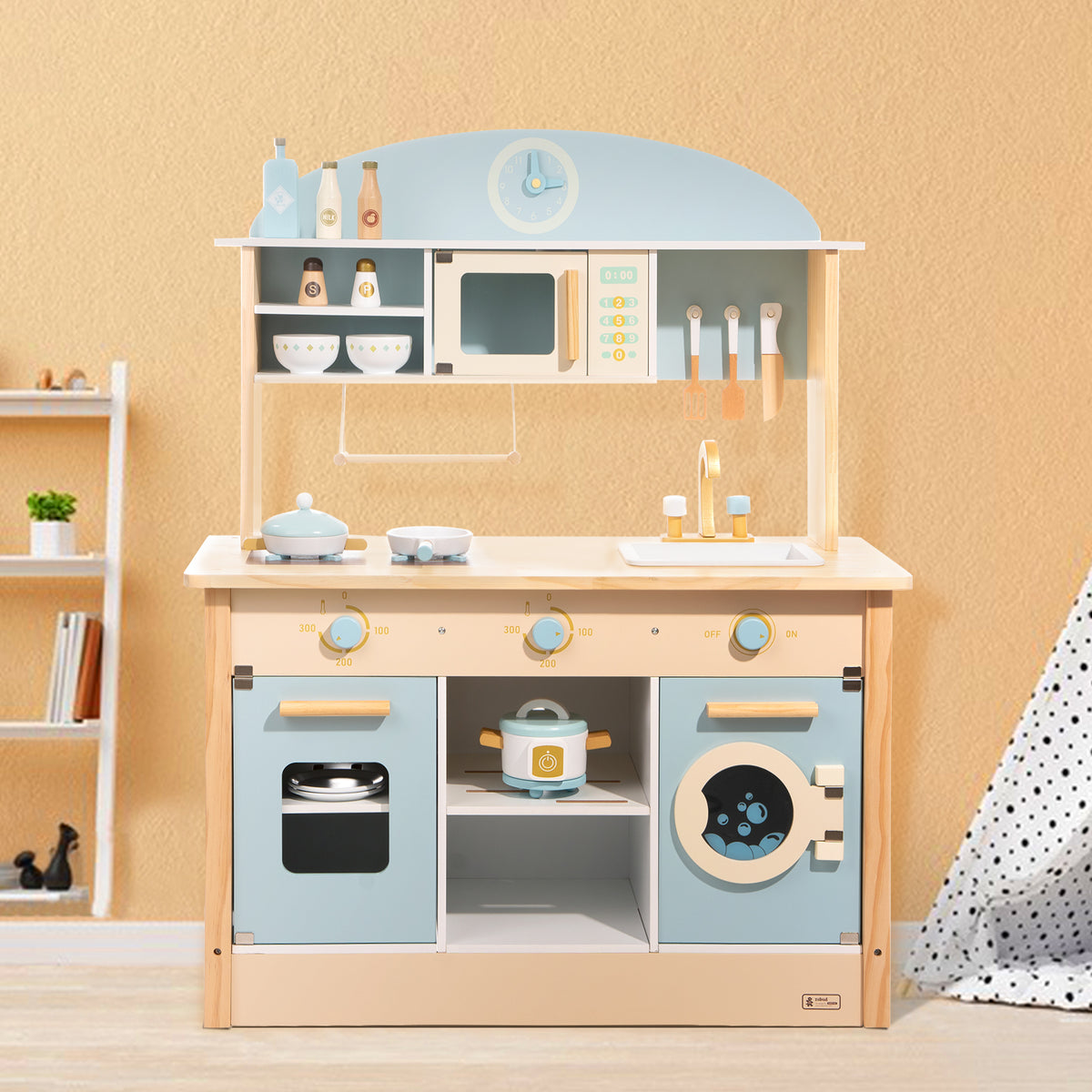 Robud Wooden Play Kitchen with Realistic Accessories 3D wooden model kit, close-up of intricate laser-cut parts