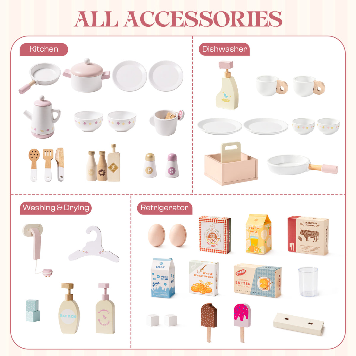 ROBUD Wooden Kids Kitchen PlaySet Pink all accessories overview showing cookware, dishware, food and fridge items