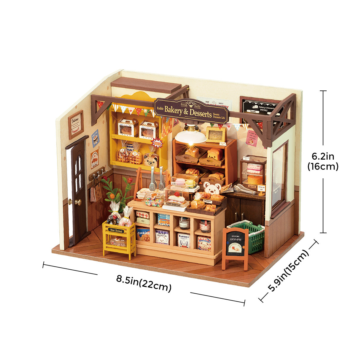 Rolife Beckas Baking House DG161 dimension diagram with 8.5 by 5.9 by 9.6 inch labeled measurements on white